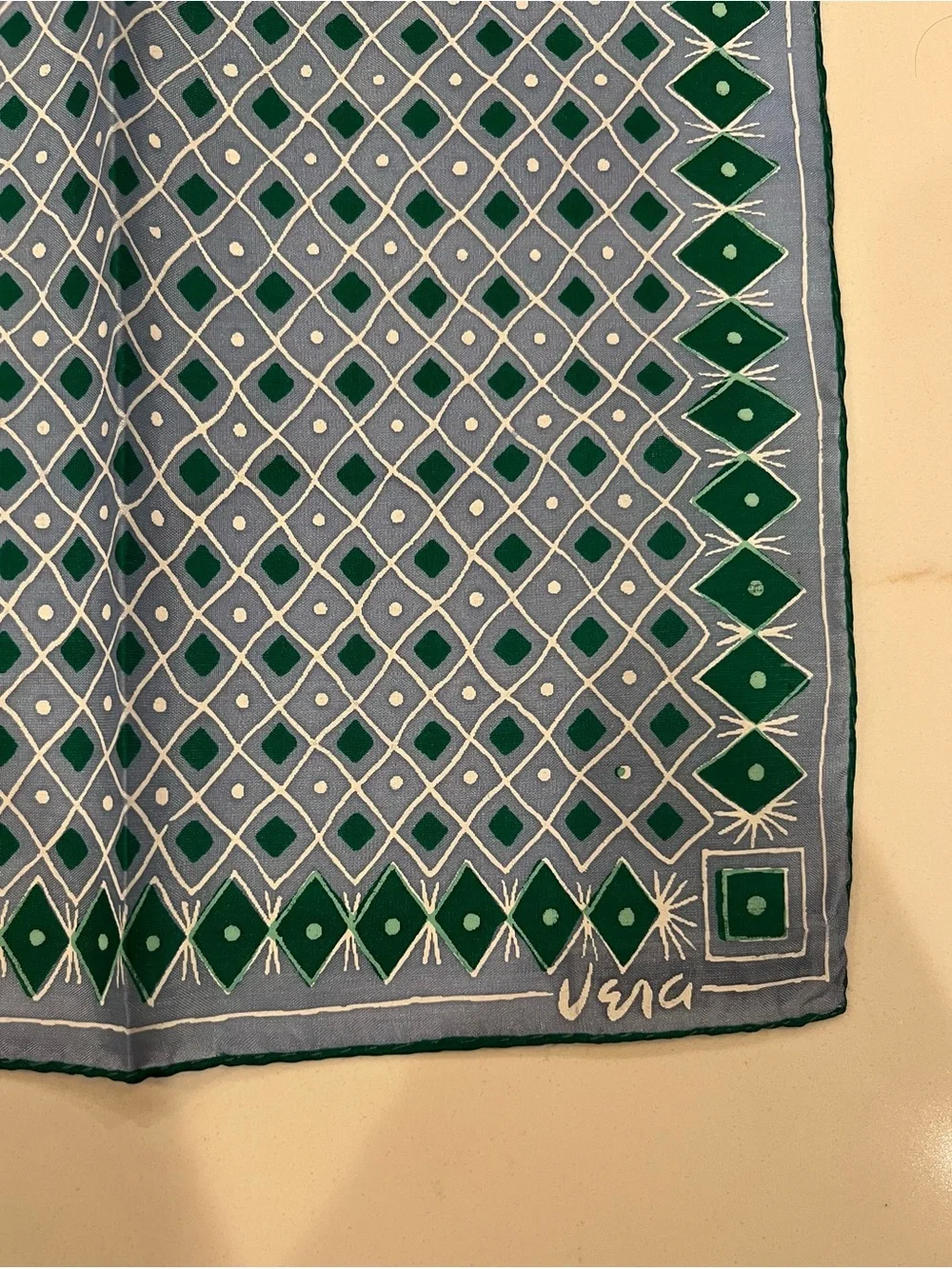 Vintage Vera blue and green pure silk hand rolled scarf